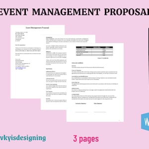Peut inclure: Un document de proposition de gestion d'événements en noir et blanc avec le titre "EVENT MANAGEMENT PROPOSAL" en haut. Le document comprend des sections pour l'introduction, les services, les termes et conditions, et un tableau avec les prix pour différents services. Le document est composé de trois pages.