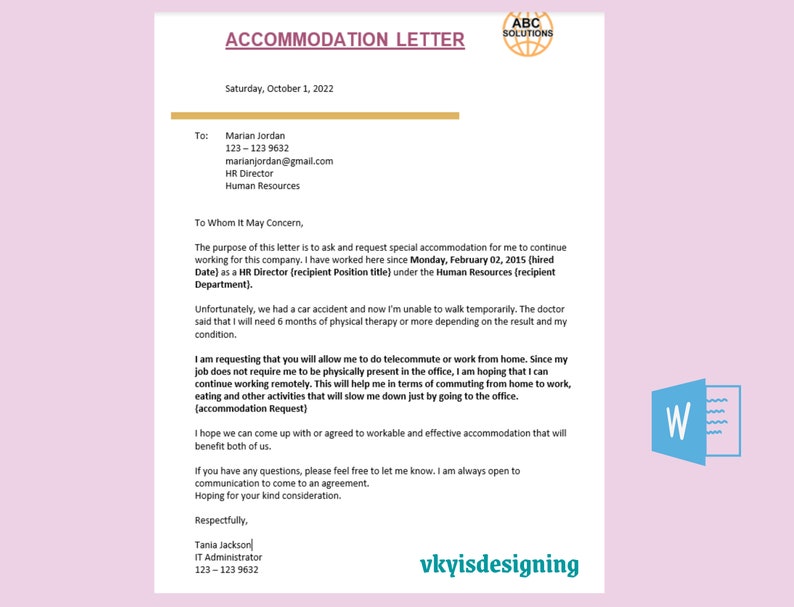Accommodation Letter * Living Quarters - Quarters Request - HomeStay Request * Guest House Letter,Work Accommodation, Employee Accommodation, HR letter, Staff House Letter, Editable word