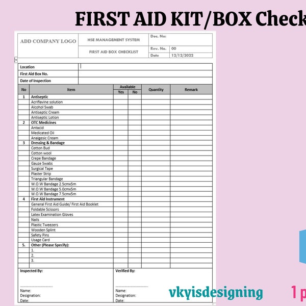First Aid Box Checklist * First Aid Kit - Medicine Checklist - Medicine Bag * Emergency Kit - Medicine Checklist - First Aid Bag, Safety Box