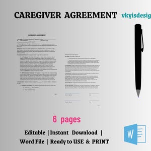 Caregiver Agreement, Caregiver Contract, Caregiver Legal,Elder Care Agreement, Home Care Legal,Home Care Service, Baby Care, Maid Contract