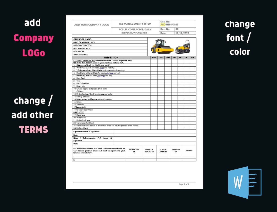 Roller Compactor Inspection Checklist, Health Safety Policy
