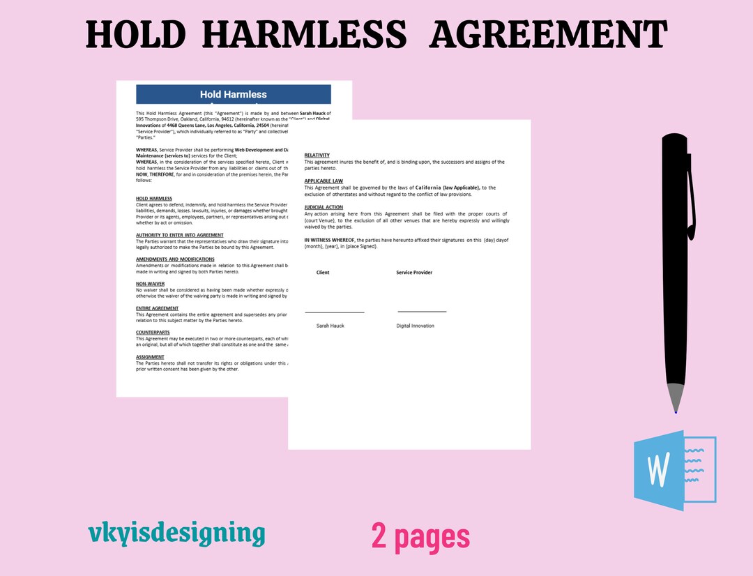 Hold Harmless Agreement, Liability Protection, Waiver Release of Liability, Indemnity Agreement