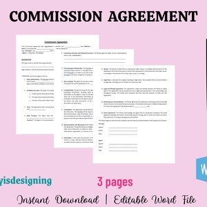 Acuerdo de comisión fácil de editar, acuerdo de ventas, contrato de comisión para empleados, carta de servicio, carta de comisión, contrato de bonificación para empleados
