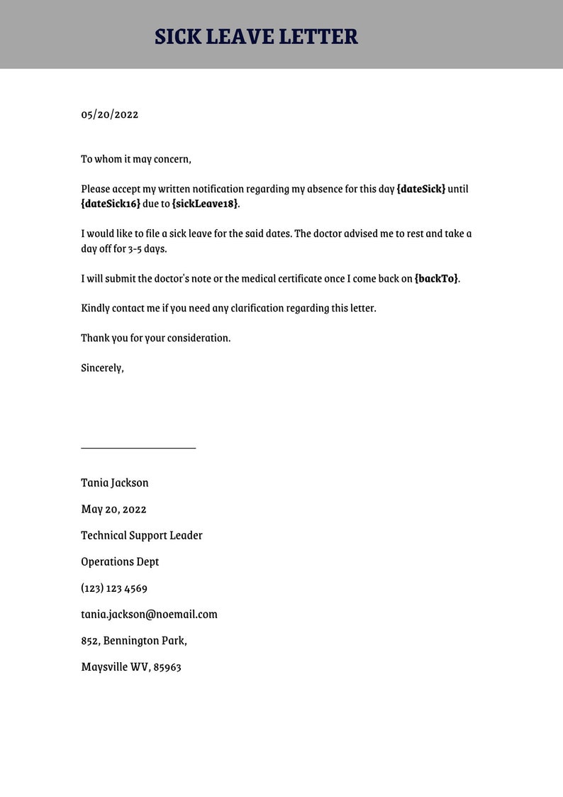 Sick Leave Letter Medical Letter Unfit to Work Diagnosis Etsy Canada