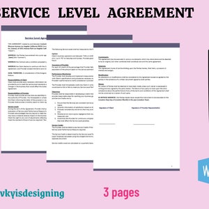 May include: A black and white Service Level Agreement document with the title "SERVICE LEVEL AGREEMENT" at the top. The document is divided into sections with headings such as "Service Level", "Responsibilities of Client", "Responsibilities of Provider", "Service Levels", and "Service Credits". The document also includes signatures for the Client and Provider Representative.