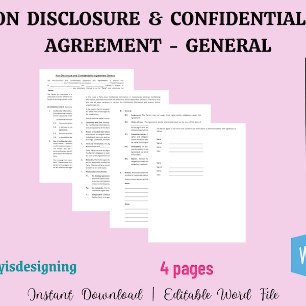 General Non Disclosure,General Confidentiality Agreement, NDA Form, Legal Template, Editable Agreement, General Agreement, Easy to edit Word