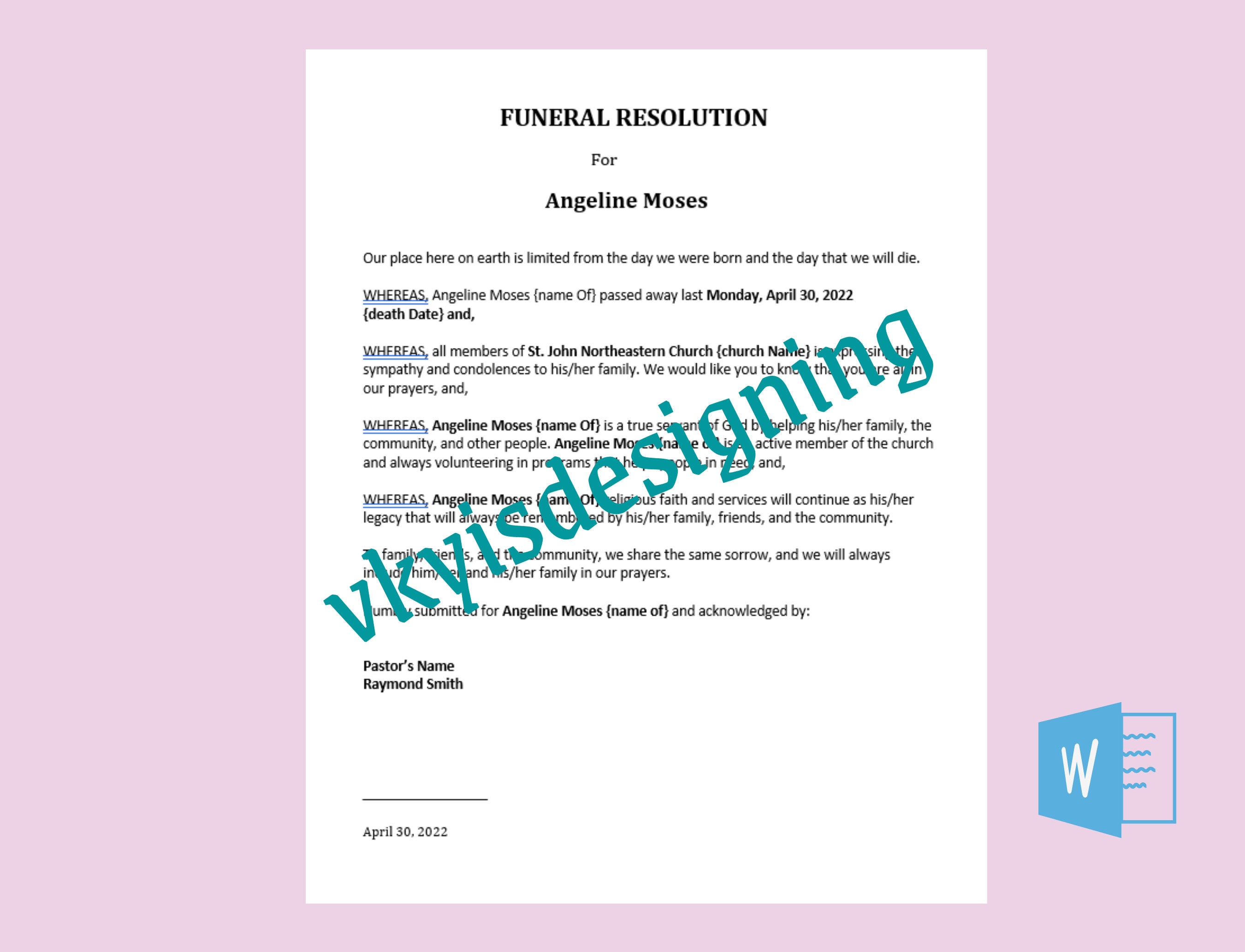 Buy Funeral Resolution Letter, Church Letter, Deceased Letter, Mourning Letter, Grief Mourning