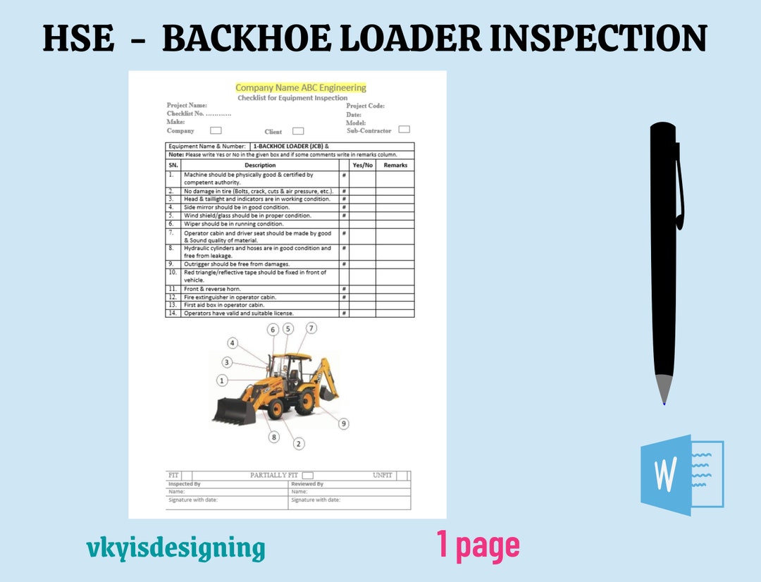 Backhoe Loader Inspection, Health Safety Policy, Safety Checklist