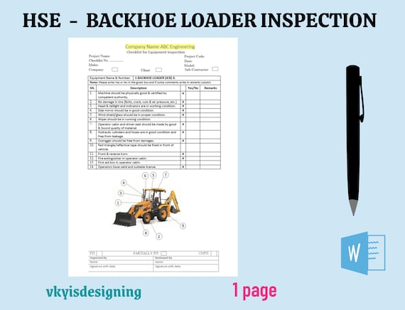 Backhoe Loader Inspection Checklist: HSE Safety Policy (WORD), Machinery Checklist, Safety Checklist, Construction Form