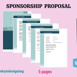 Op de afbeelding: Een vijf pagina's tellende sponsorvoorsteltemplate in een lichtblauw en donkerblauw kleurenschema. Het document bevat secties voor een begeleidende brief, een bedrijfsomschrijving, algemene voorwaarden en evenementinformatie. Het document is bovenaan met "SPONSORVOORSTEL" gelabeld.