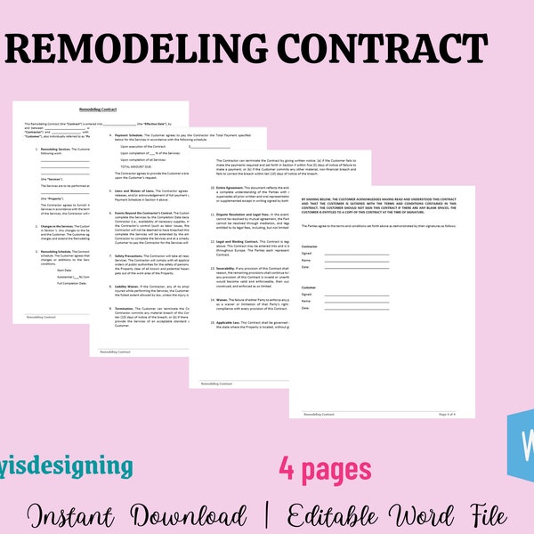 Remodeling Contract, Home Remodeling, Home Improvement, Home Renovation, Construction Contract, Freelancer Contract, Contractor Agreement