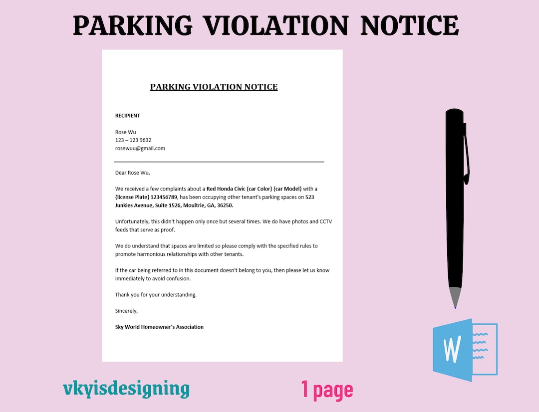Parking Violation Notice, Warning Letter, Parking Warning, Wrong