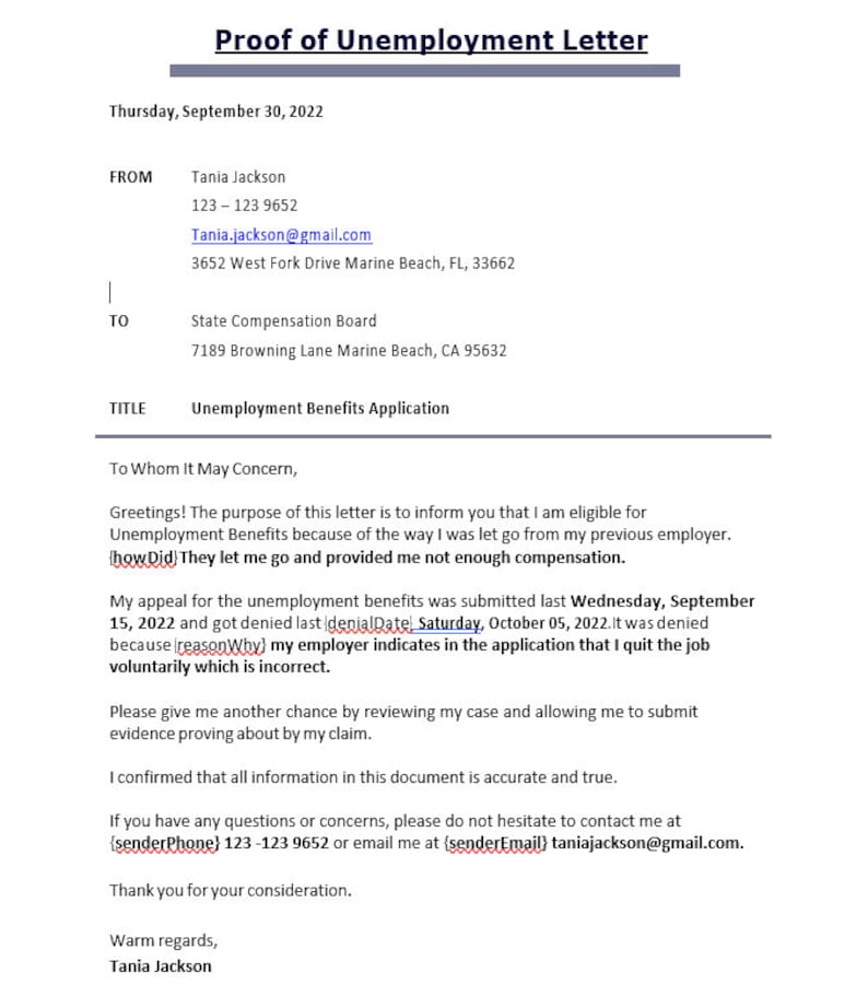 Proof of Unemployment Letter Template (editable WORD) Etsy
