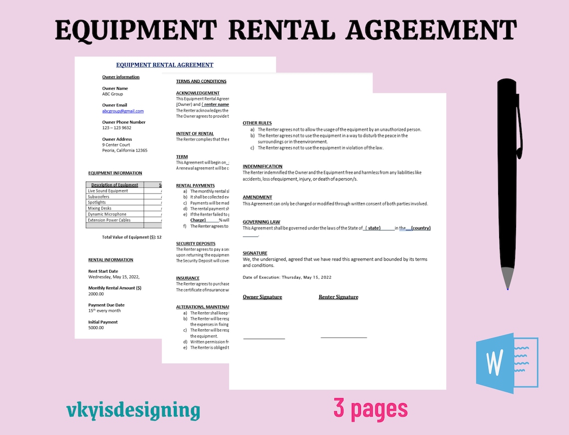 Equipment Rental Agreement Template: Editable Asset Lease Form (WORD ...