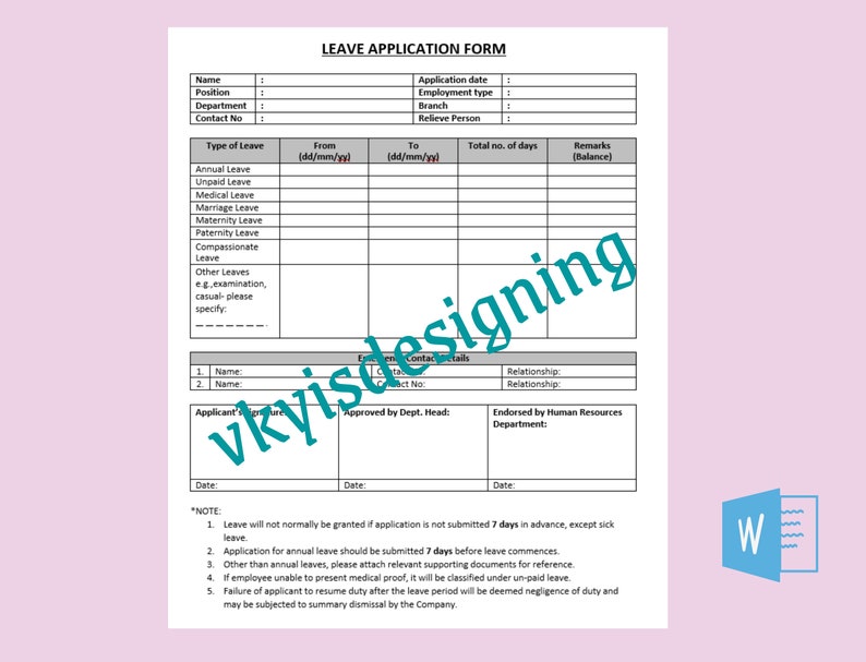 Easy. Leave Form Simple Leave Application Form: HR Employee Template (editable WORD) - Etsy