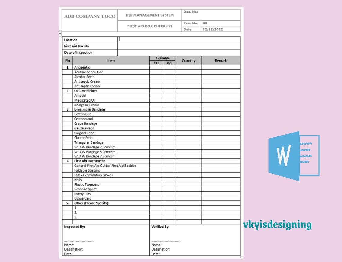 First Aid Box Checklist First Aid Kit Medicine Checklist Medicine Bag
