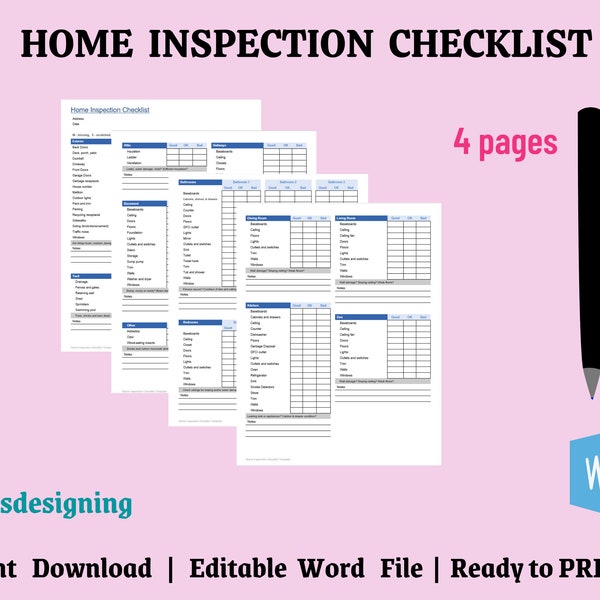 Home Inspection, Inspection Checklist, Home Checklist, House Checklist, House Inspection, Kitchen Inspection, Bedroom Inspection, Word File