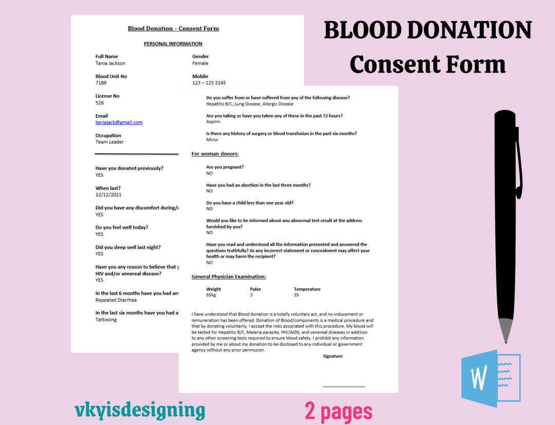 Blood Donation Consent Form * Blood Donor - Medical Consent - Donors ...