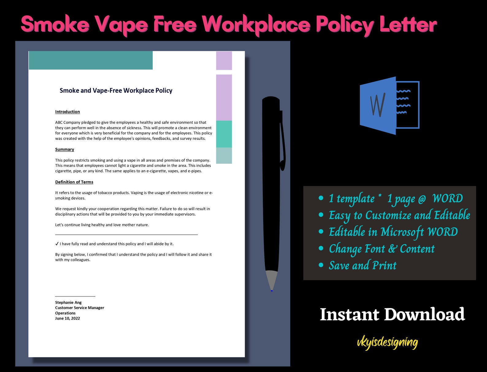 Smoke Vape Free Workplace Policy Workstation Policy No Etsy