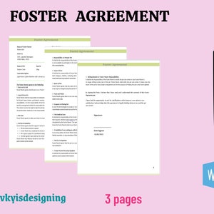 Könnte beinhalten: Drei Seiten eines Foster-Abkommens. Das Dokument enthält Abschnitte zu den Verantwortlichkeiten des Pflegeelternteils, der Pflegeelternteil stimmt Folgendem zu und einen Abschnitt mit Unterschriften. Das Dokument ist datiert auf den 12.03.2022.