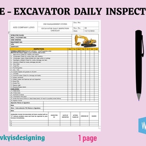 Excavator Inspection, Safety Inspection, Machine Inspection, Site Inspection, Heavy Machine, Construction Machine, Inspection Checklist WORD