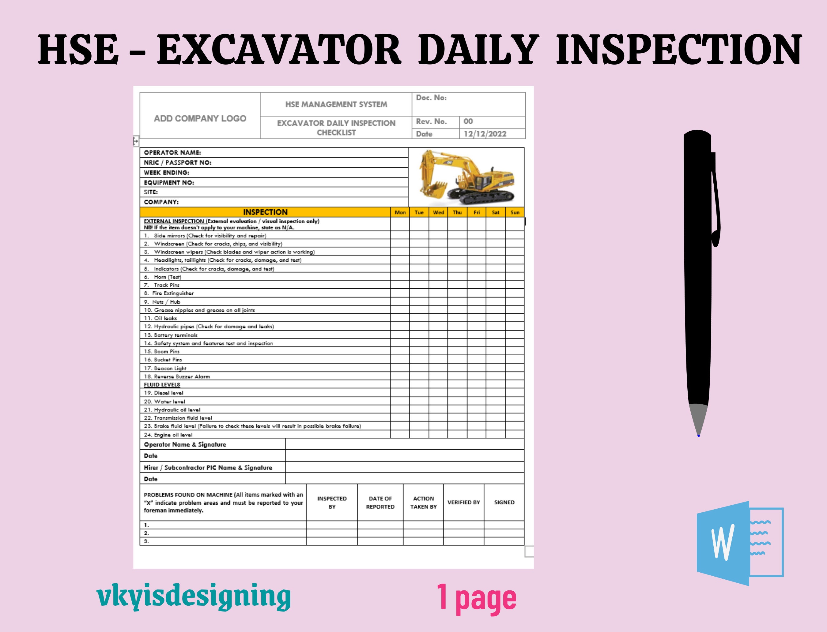 Excavator Inspection Checklist: Safety & Maintenance (WORD), Safety ...