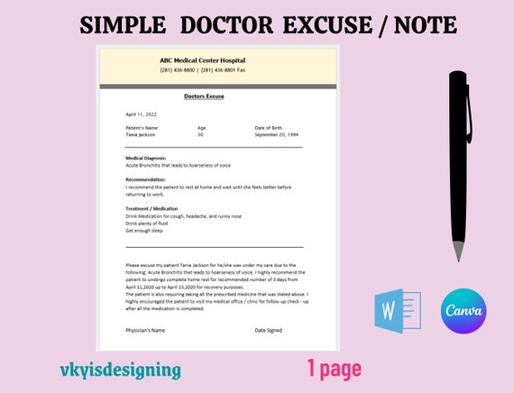 Doctor's Excuse, Medical Office Form, Work Excuse, Doctor