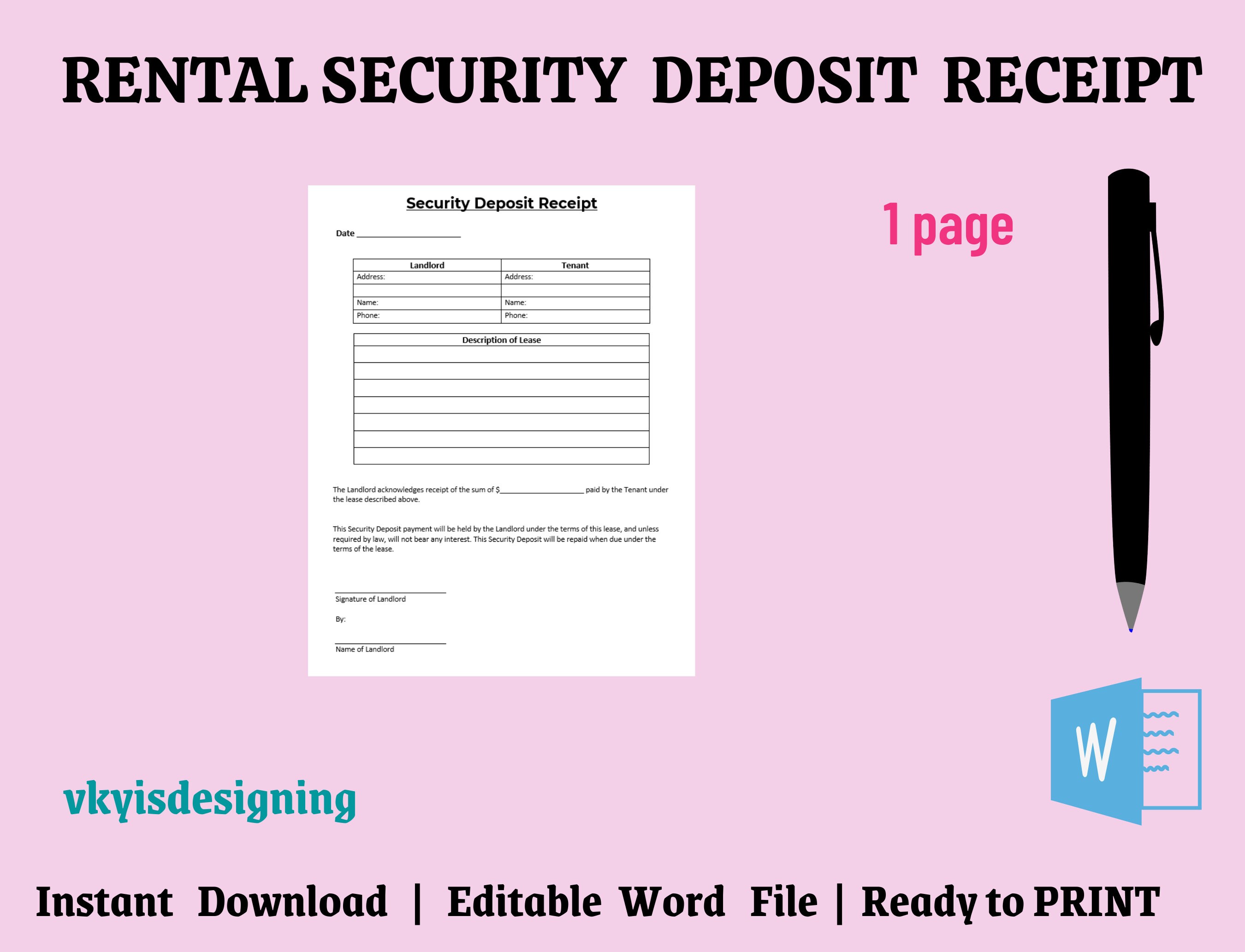 Rental Security Deposit, Deposit Receipt, Rental Deposit, Landlord