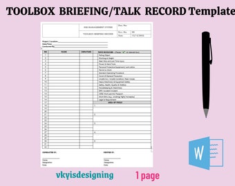Toolbox Talk Briefing Record: Health & Safety Template (MS Word)
