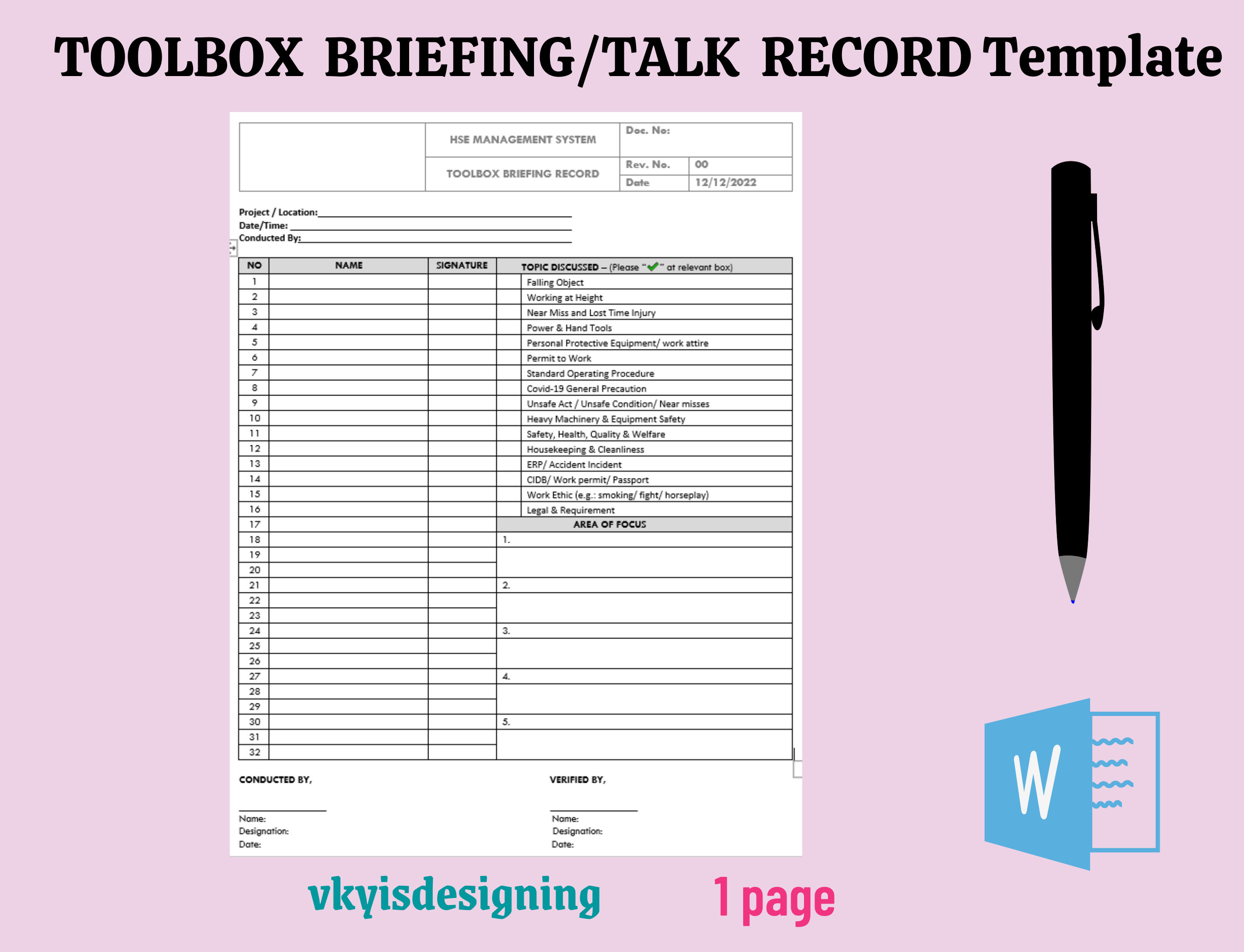 Toolbox Talk Toolbox Briefing Record Health & Safety Injury Prevention