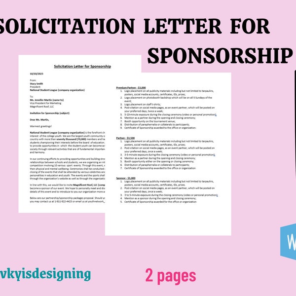 Solicitation Letter for Sponsorship, Solicitation Letter, Sponsorship Letter, Donation Request, Donation Letter, Thank You Donation, Word