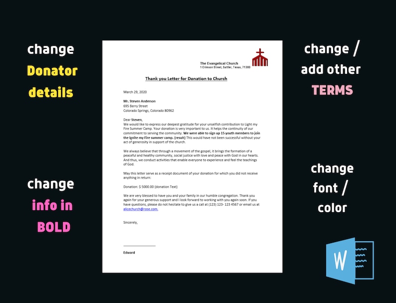 Thank You Letter for Donation to Church, Church Donation, Thanking