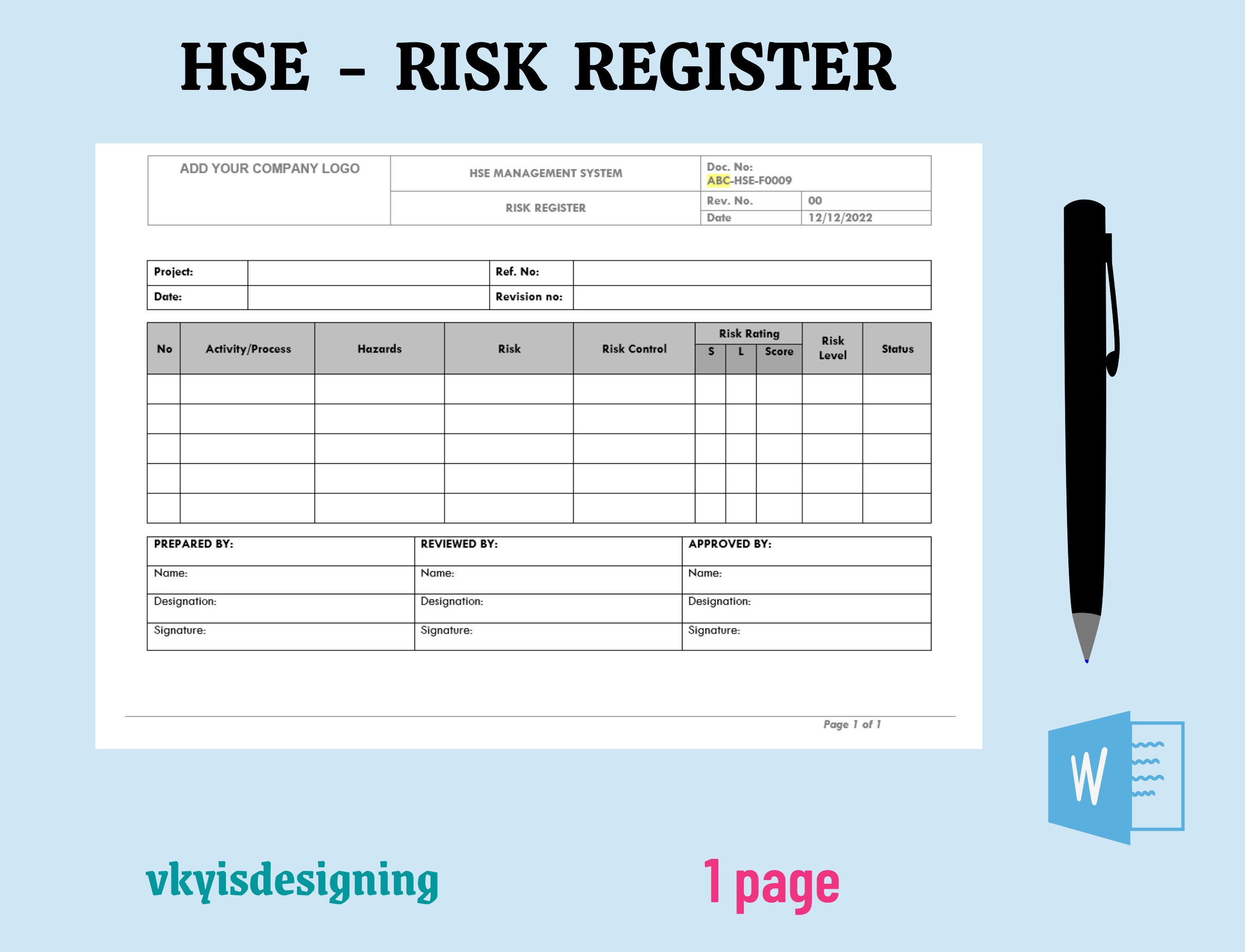 Risk Register, Health Safety Policy, Risk Records, Site Risk
