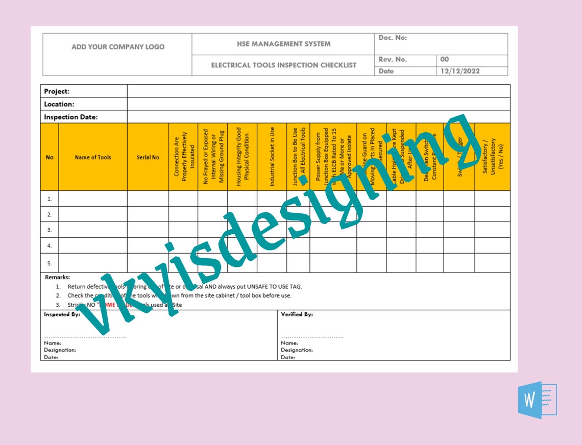 Electric Tools Inspection Checklist, Tools Inspection, Power Tool
