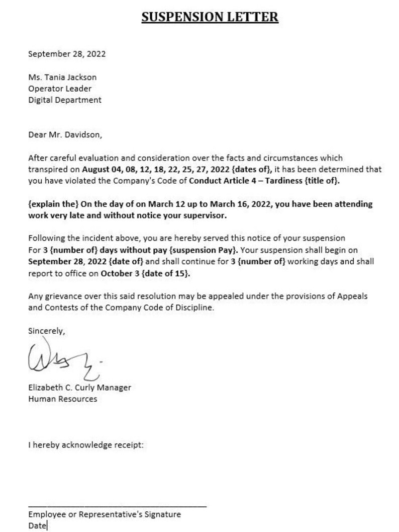 Employee Suspension Letter Template (WORD) - Etsy