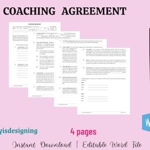 Può includere: Un documento di accordo di coaching stampabile in formato file Word. Il documento include sezioni per lo scopo dell'accordo, la relazione coach-cliente, il programma di coaching, la riservatezza, la politica di cancellazione, l'accordo legale e vincolante e le firme. Il documento è intitolato "Coaching Agreement" e comprende quattro pagine.