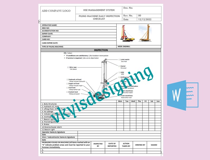 Piling Machine Inspection Checklist Drilling Rigs Safety Inspection