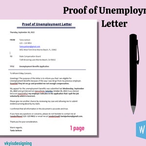 Proof of Unemployment Letter - Retired Letter - Jobless Letter - Underemployed  Form * Inactive in Job - Workless Letter* Out of Job Letter