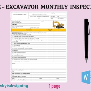 Excavator Monthly Inspection Checklist, Safety Inspection, Machine Inspection, Heavy Machinery, Site Inspection, Machine Checklist, MS Word