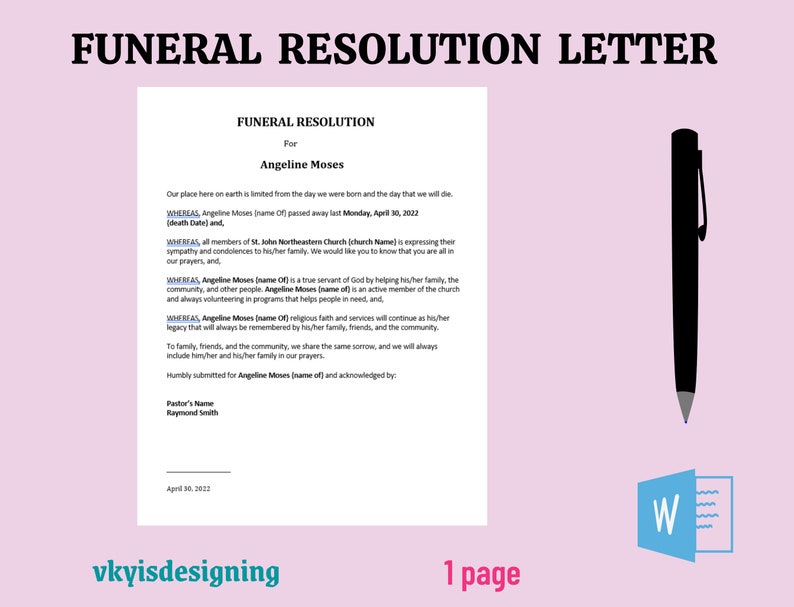 Funeral Resolution Letter, Church Letter, Deceased Letter, Mourning