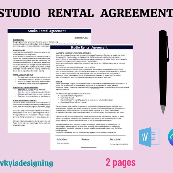 Studio Rental Agreement, Studio Contract, Photographer Contract, Studio Agreement, Dance Studio, Yoga Studio, Private Parties, Studio Space