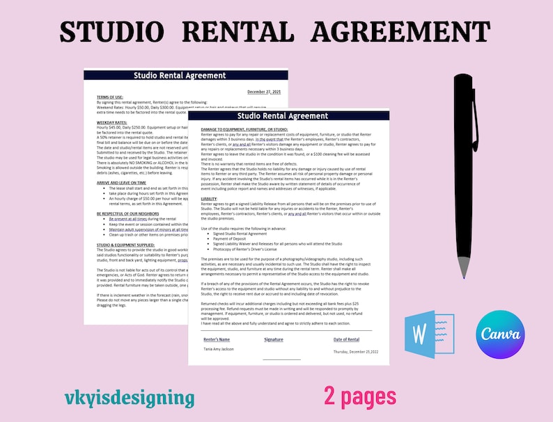 Studio Rental Agreement, Studio Contract, Photographer Contract, Studio ...