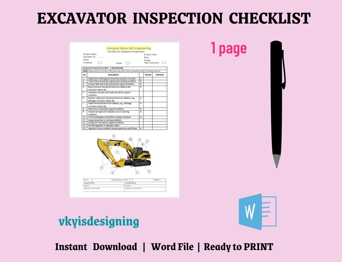 Excavator Inspection Checklist: Safety & Maintenance (MS Word) - Etsy