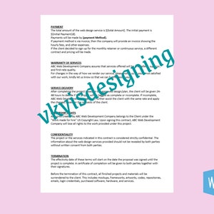 Pu&ograve; includere: Un documento in bianco e nero con il titolo "Pagamento" e "Garanzia dei servizi" che delinea i termini di servizio per la progettazione web. Il documento include dettagli sui metodi di pagamento, la consegna del servizio, la riservatezza e la risoluzione.