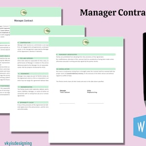 May include: A green and white document with the title "Manager Contract" and the text "Artist Stephanie Amy" and "Manager Tanya Jackson".