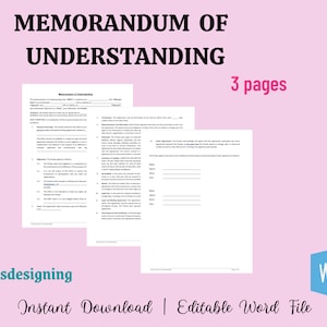 May include: A black and white document titled "Memorandum of Understanding" with the text "3 pages" in the top right corner. The document is a legal agreement template for a business partnership.