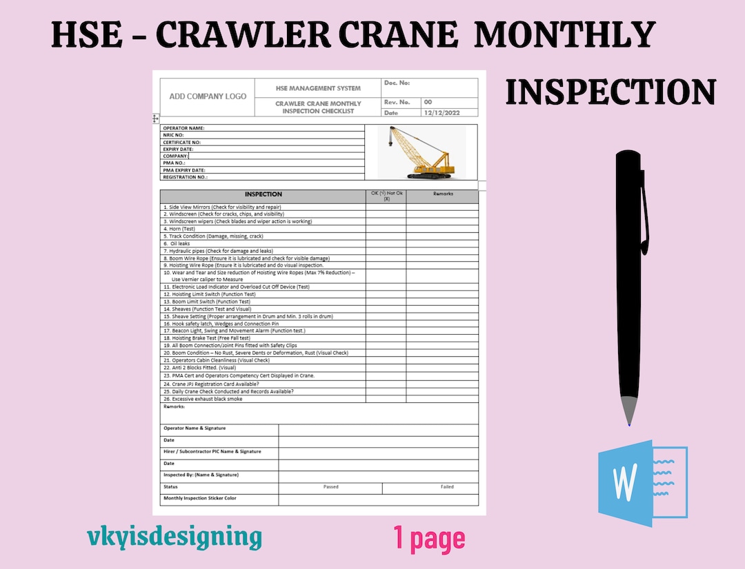 Crawler Crane Monthly Inspection Checklist, Safety Inspection