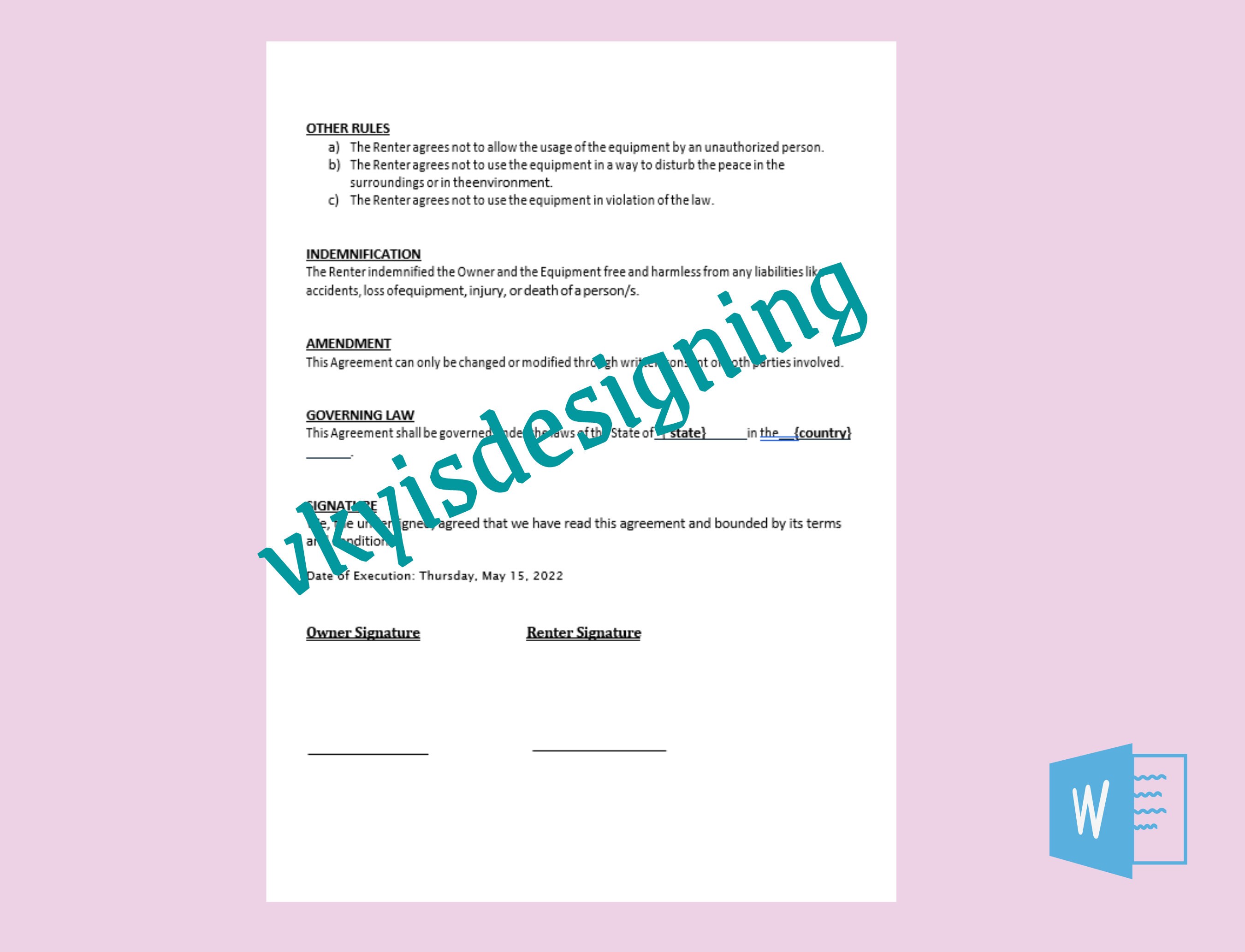 Equipment Rental Agreement, Chair Rental, Asset Lease Form, Event ...