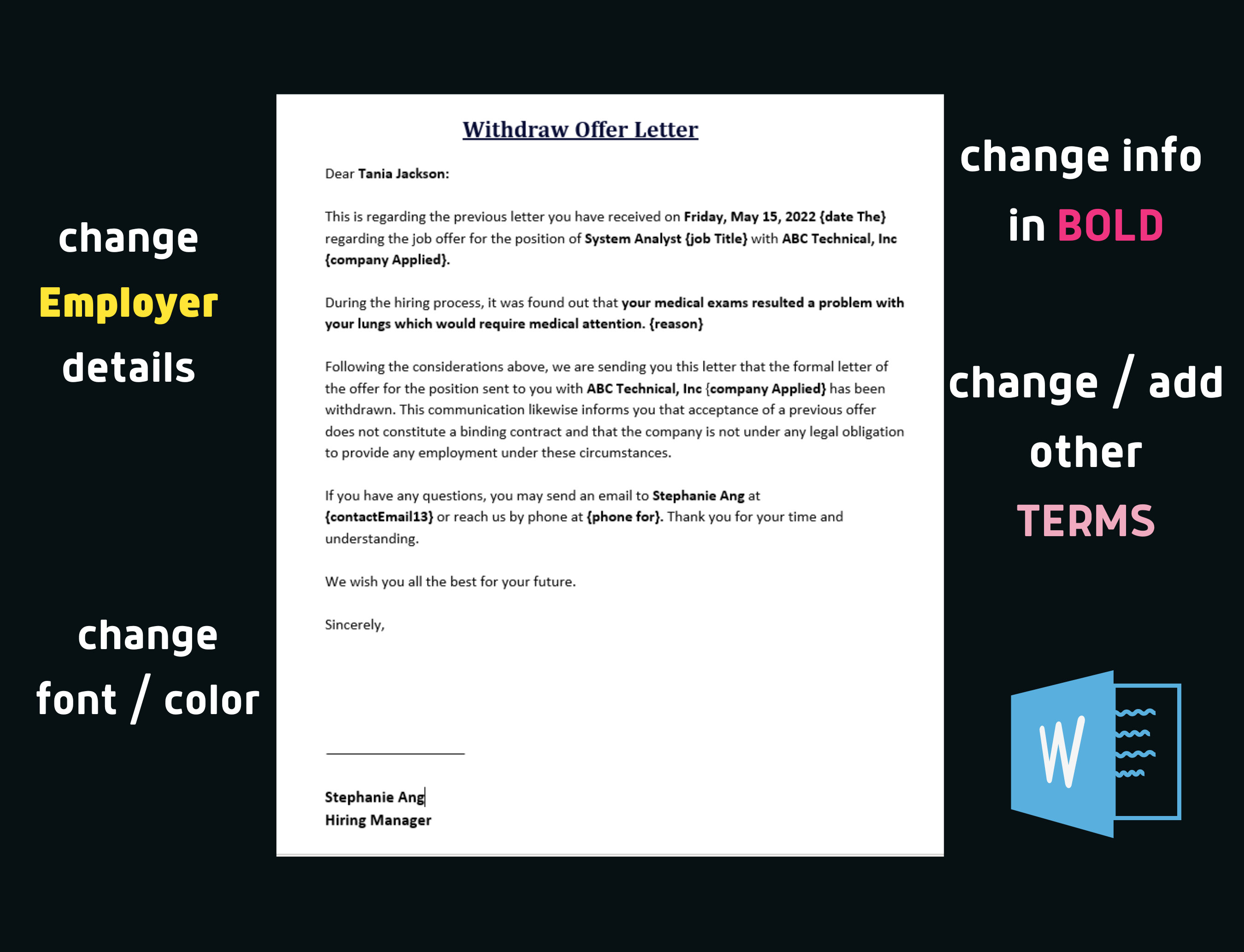 Withdraw Offer Letter, Withdraw Job Offer, Formal Letter, HR Letter