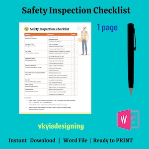 May include: A printable safety inspection checklist in a Word document format. The checklist includes sections for general safety, emergency exits, fire prevention, equipment safety, hazardous materials, personal protective equipment, first aid, safety training, environmental concerns, and instructions.